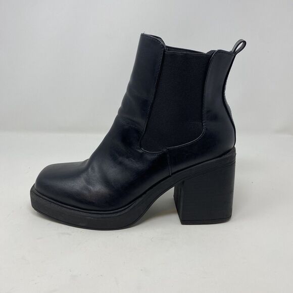 Vintage 90s Y2K Leather Chunky Square Toe Block Heel Boot Punk Goth Size 10 - Picture 2 of 12